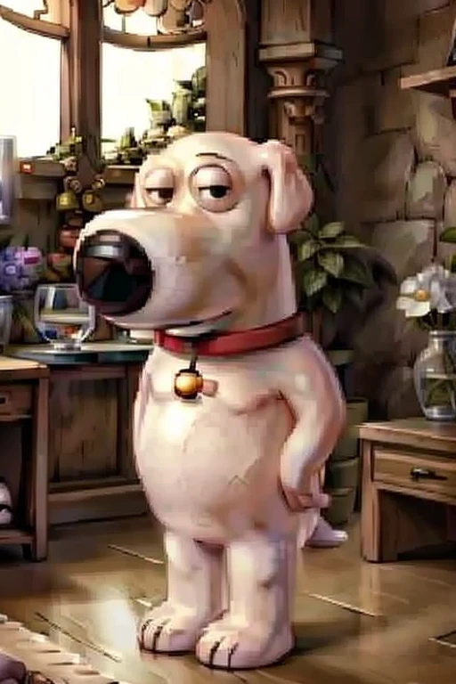 <lora:Baldur's Gate 1 Portraits:0.9>, Baldur's Gate official portrait, character, fantasy_character, 1024x768, male, <lora:Brian_Griffin1-1:0.9> brian griffin, solo, no humans, simple background, dog, standing, bell, animal focus, red collar, indoors, looking at viewer, drinking glass, neck bell, masterpiece, highest quality, highest quality visuals, highest details
