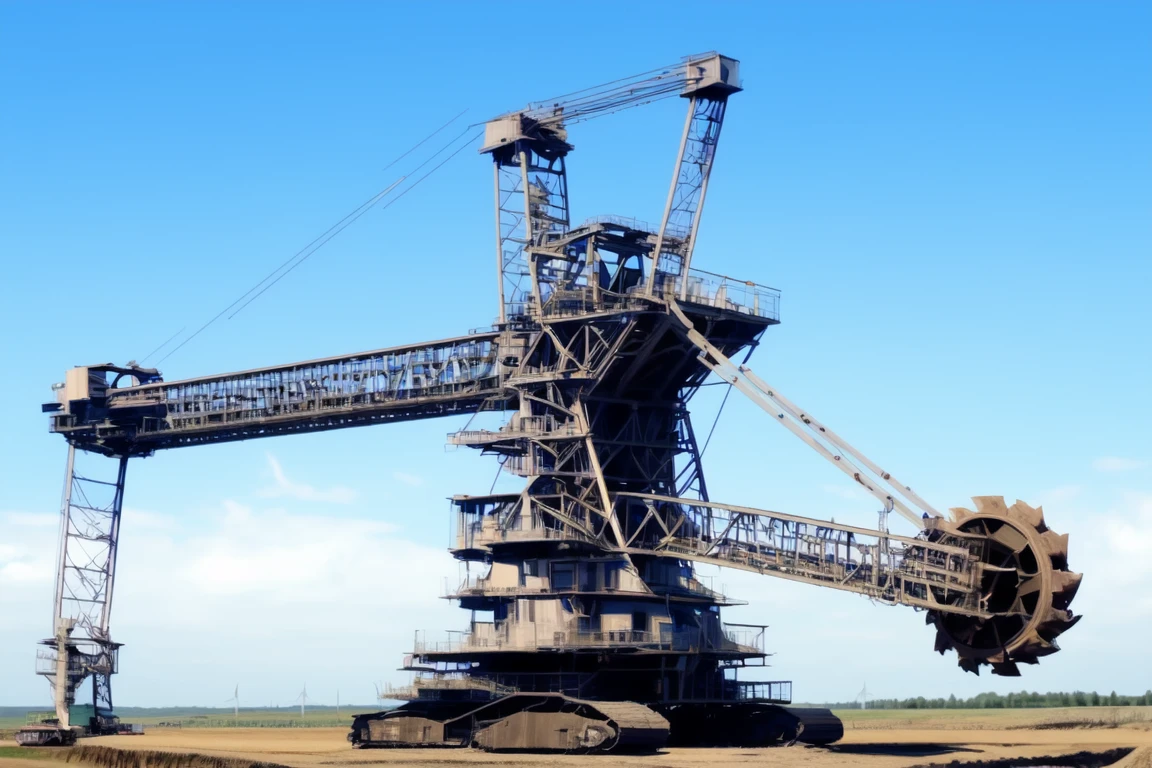 <lora:Bucket_Wheel_Excavator_v1:0.7>,blue sky, ground vehicle, building, scenery, motor vehicle, machinery, science fiction, bridge, vehicle focus, train station, railroad tracks, wheel, crane (machine), windmill, EXCVT