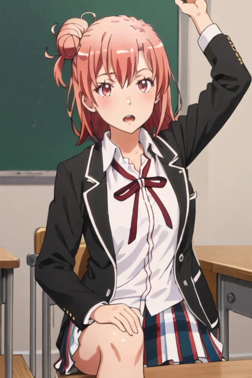 best quality, masterpiece, highres, solo, {yuigahama_yui_yahariorenoseishunlovecomewamachigatteiru:1.15}, short_hair, pink_hair, hair_bun, single_hair_bun, blush, 1girl, black_jacket, blazer, jacket, school_uniform, shirt, sobu_high_school_uniform, white_shirt, collared_shirt, ribbon, upper_body, open_mouth