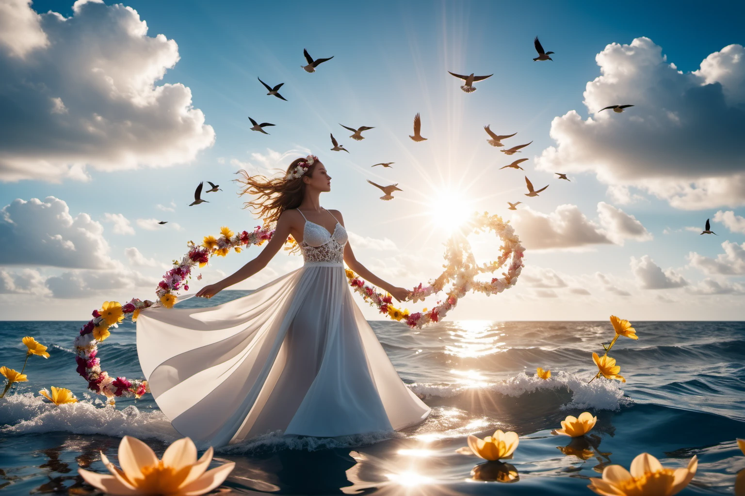 cinematic photo of a magic girl floating in a current of ribbons and flowers through the clouds over the ocean, the sun breaks through the clouds, birds are following her, the waves reflect the sunlight, 35mm photograph, film, bokeh, professional, 4k, highly detailed