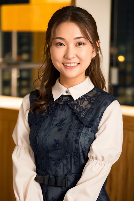 1girl,(wearing a swing navy dress:1.2),(RAW photo, best quality), (realistic, photo-realistic:1.4), masterpiece, an extremely delicate and beautiful, extremely detailed, 2k wallpaper, Amazing, finely detail, extremely detailed CG unity 8k wallpaper, ultra-detailed, highres, soft light, beautiful detailed girl, extremely detailed eyes and face, beautiful detailed nose, beautiful detailed eyes,cinematic lighting,(city at night),perfect anatomy,(Close up:1.4),(look at viewer from front),cinematic angle,slender body,(wide smile),(wavy hair), <lora:wakayamashion_lora-04:0.8>