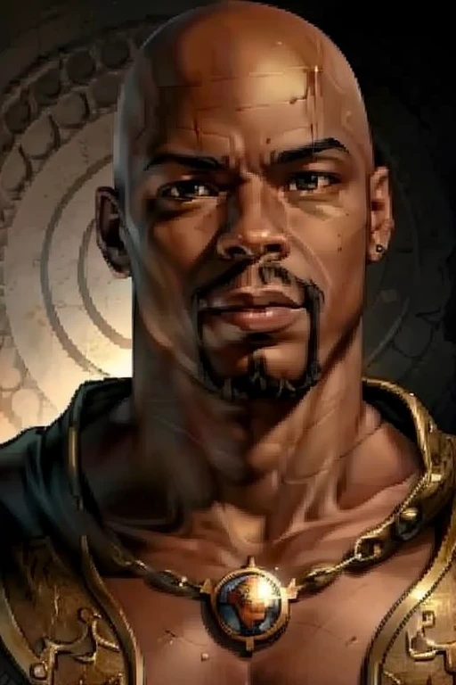<lora:Baldur's Gate 1 Portraits:0.7>, Baldur's Gate official portrait, character, fantasy_character, 1024x768, male, black man, black features, dark skin, comic moniker,bald, goatee, masterpiece, highest quality, highest quality visuals, highest details