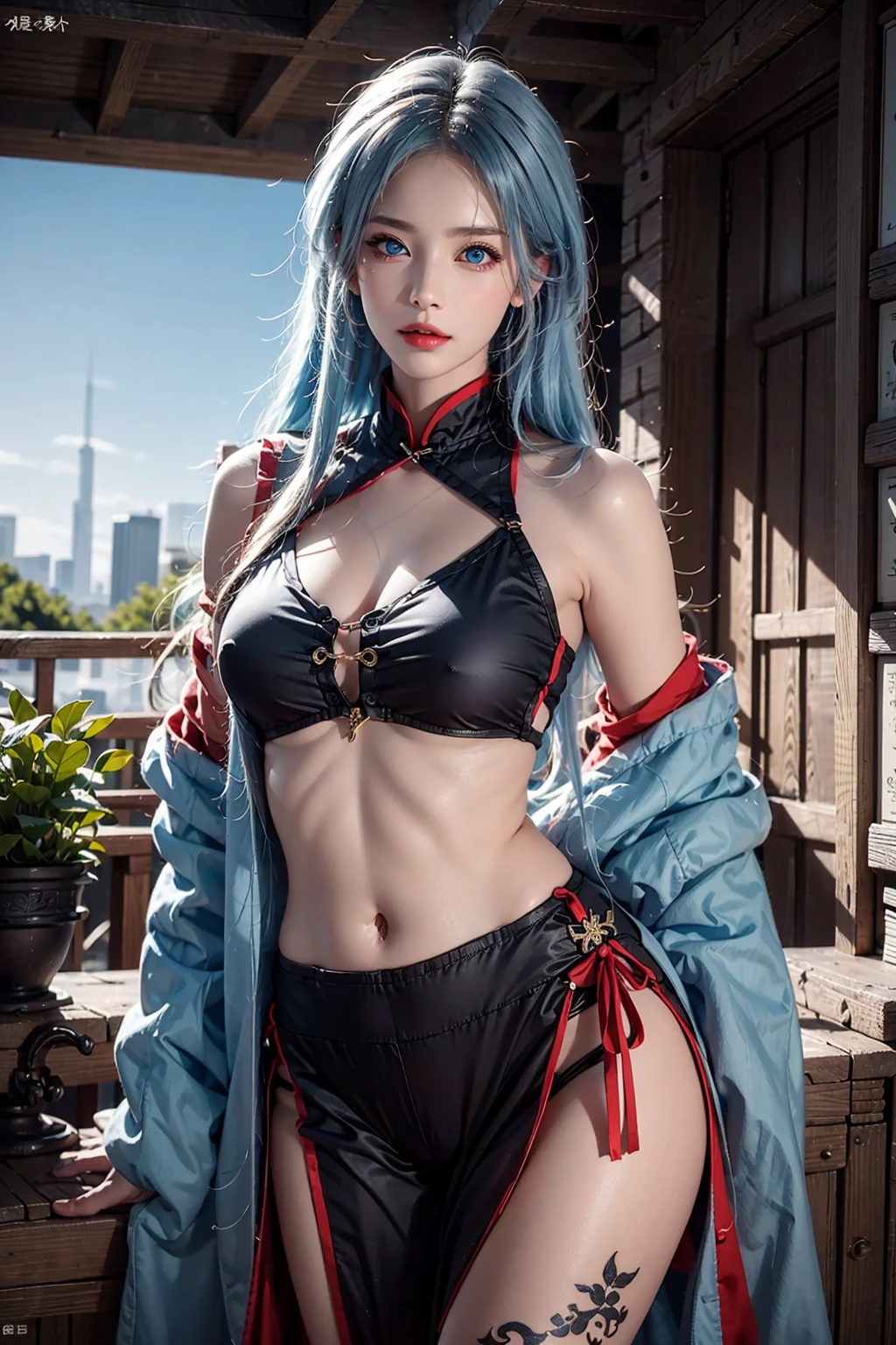 photorealistic,  high resolution,  1women,  solo,  jewelry,  tattoo,  hips up,  blue hair,  blue eyes, hanfu, <lora:EMS-44295-EMS:0.600000>