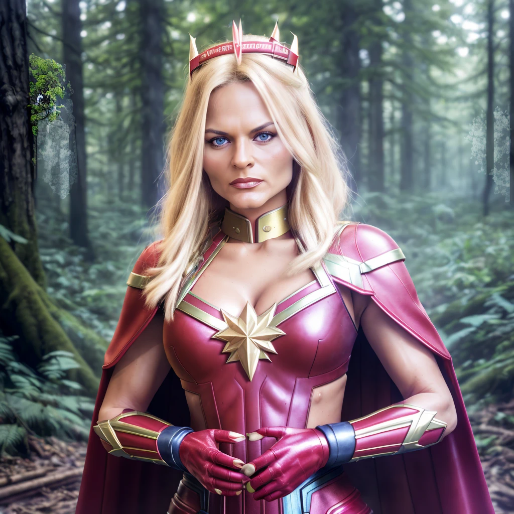 sfw, best quality,(very detailed face),(photorealistic),absurdres, <lora:quiron_KatjaKean_v3_lora:0.97> , realistic,  blonde hair,  katja kean,  sexy  KatjaKeanQuiron woman  wearing [king costume:  superheroine captain marvel costume: 0.5], Hands in pockets pose, at forest [cool: abandoned: 0.5], photo by Josef Sudek