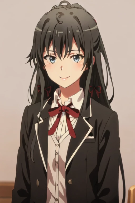 best quality, masterpiece, highres, solo, {yukino_yukinoshita_yahariorenoseishunlovecomewamachigatteiru:1.15}, long_hair, black_hair, ribbon, blue_eyes, hair_ribbon, blazer, formal, necktie, ponytail, suit, 2girls, multiple_girls, smile, solo_focus, vest