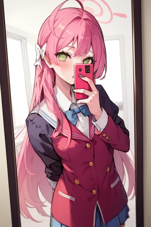 <lora:pose selfie mirror-000008:1> ,1girl, mirror, selfie, holding phone, school uniform, <lora:char hanako:1> pink hair,