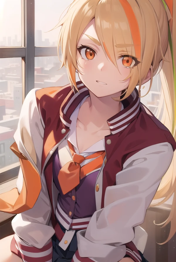 sakinikaidou, <lora:sakinikaidou-lora-nochekaiser:1>,
saki nikaidou, blonde hair, eyes visible through hair, hair over one eye, light green hair, long hair, multicolored hair, (orange eyes:1.5), orange hair, ponytail, streaked hair, (small breast:1.2),
BREAK blue skirt, jacket, (letterman jacket:1.5), necktie, orange necktie, skirt,
BREAK looking at viewer, full body,
BREAK indoors, classroom,
BREAK <lyco:GoodHands-beta2:1>, (masterpiece:1.2), best quality, high resolution, unity 8k wallpaper, (illustration:0.8), (beautiful detailed eyes:1.6), extremely detailed face, perfect lighting, extremely detailed CG, (perfect hands, perfect anatomy),