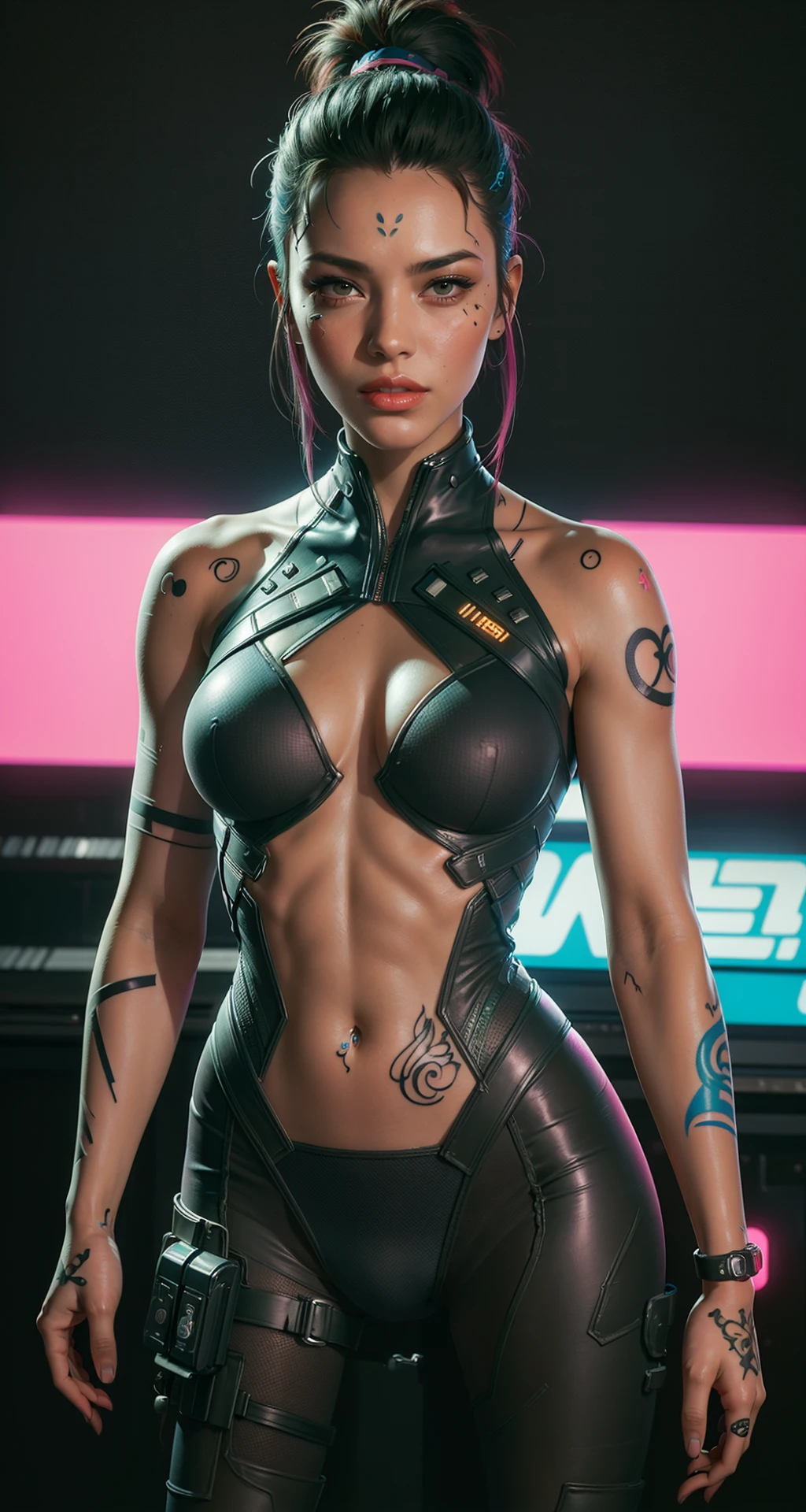 <lora:Bodysuit v13:0.8> 1girl, solo, sleeveless bodysuit, background, neon color, science fiction, cyberpunk,open clothes,(neon tattoo:1.2)