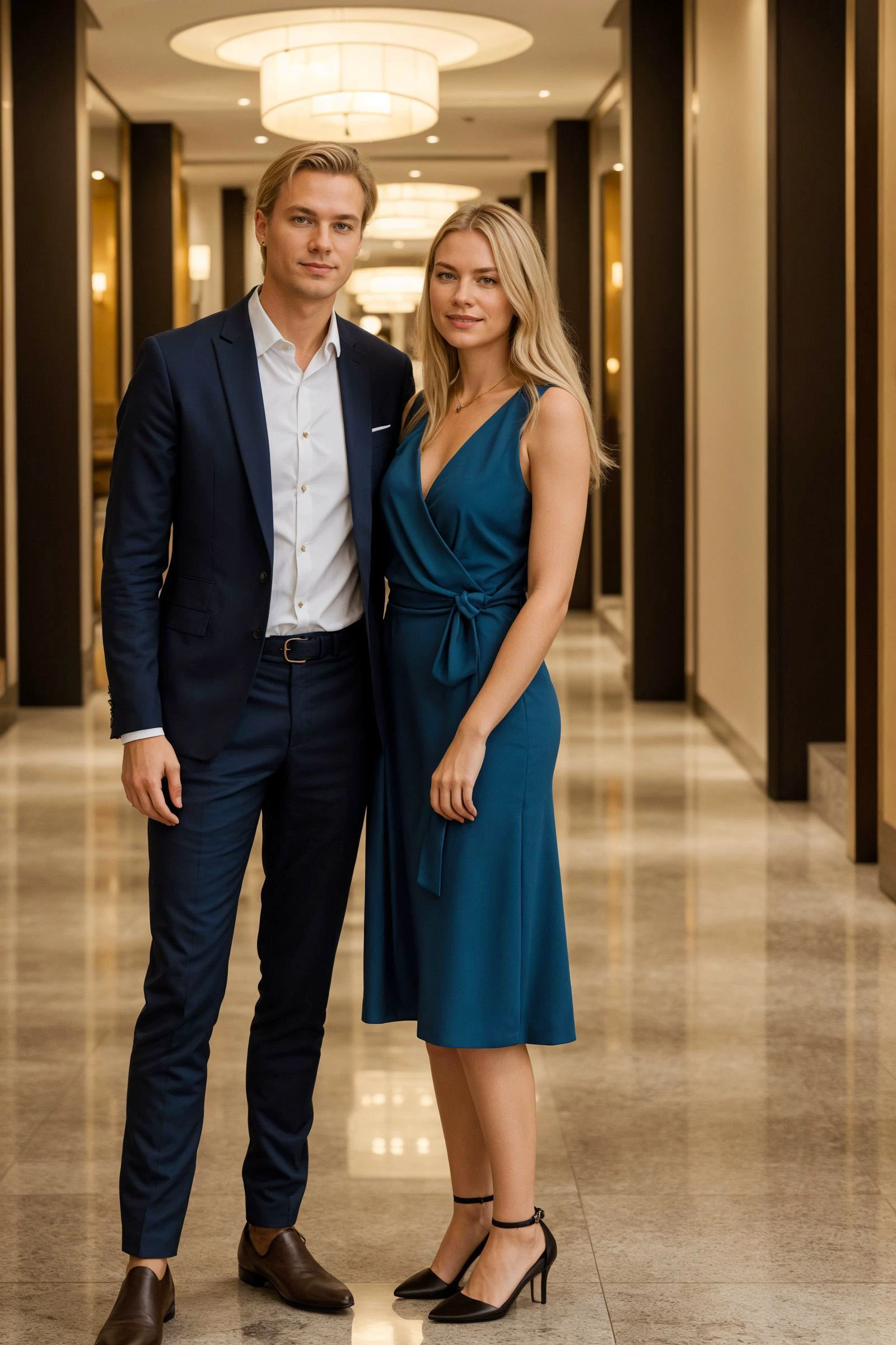 elegant Scandinavian couple, gala attire, standing in hotel lobby, blue dress