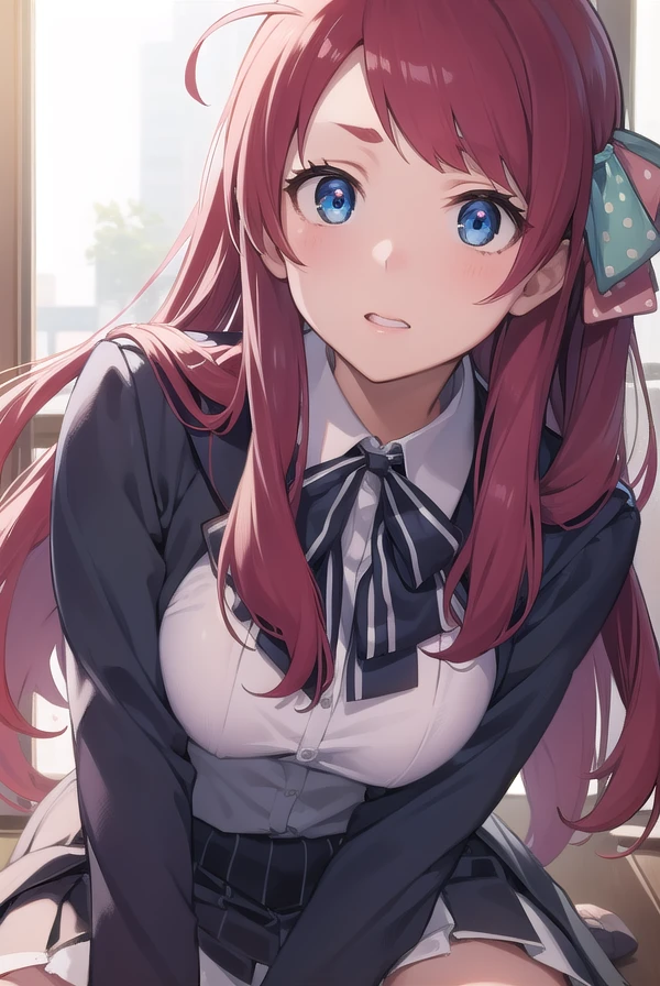 sakuraminamoto, <lora:sakuraminamoto-lora-nochekaiser:1>,
sakura minamoto, blue eyes, long hair, red hair, one side up, hair bow, green bow, red bow, ahoge, polka dot, polka dot bow, (small breast:1.2),
BREAK bowtie, long sleeves, school uniform, serafuku, skirt, white skirt,
BREAK looking at viewer, full body,
BREAK indoors, classroom,
BREAK <lyco:GoodHands-beta2:1>, (masterpiece:1.2), best quality, high resolution, unity 8k wallpaper, (illustration:0.8), (beautiful detailed eyes:1.6), extremely detailed face, perfect lighting, extremely detailed CG, (perfect hands, perfect anatomy),