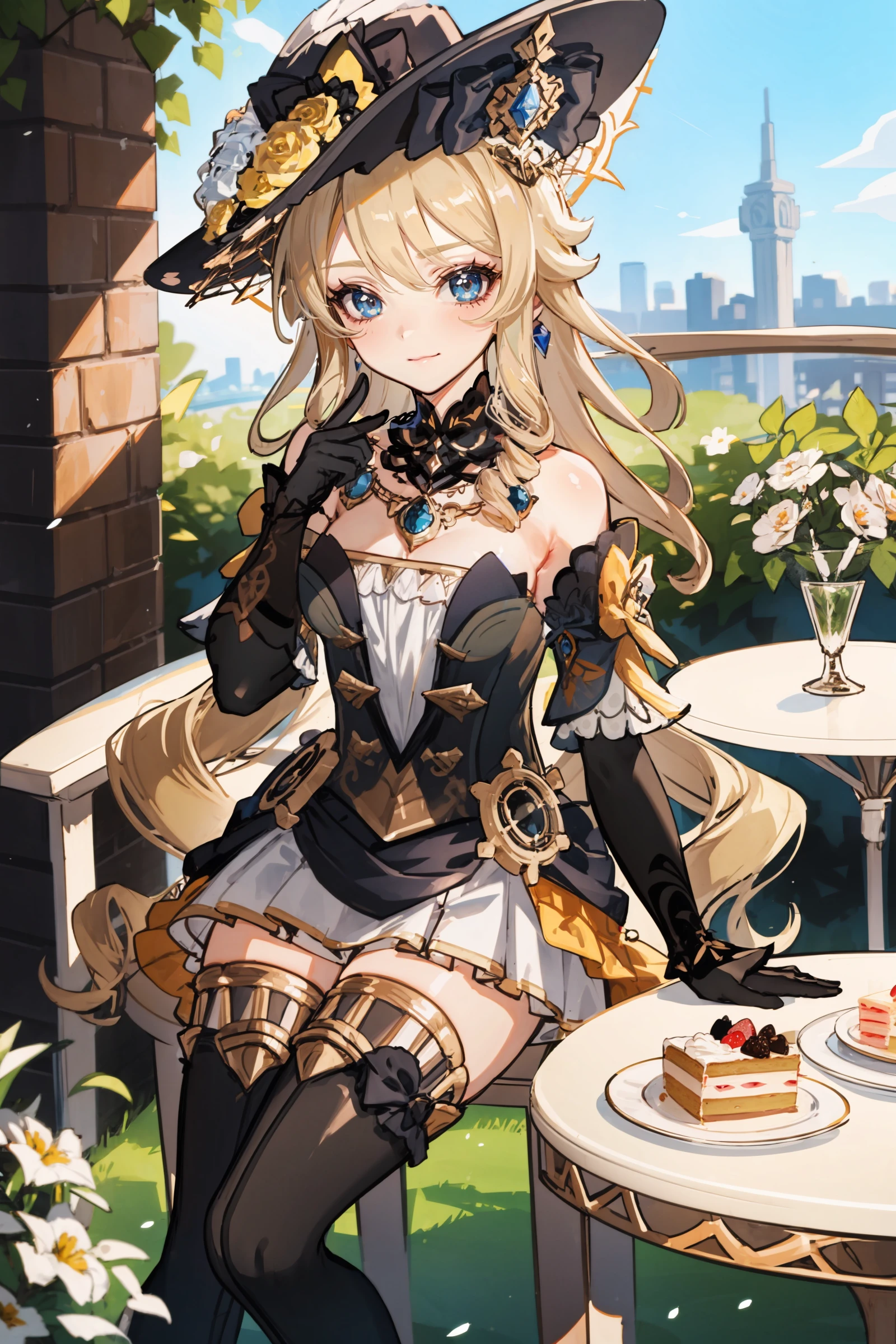 ((Best Quality, 8K, Masterpiece: 1.3)), 1 girl, magnificent composition, sitting in the garden, stone table, visual,castle, blonde hair, evening dress, stone chair,Short hair,Golden eyes,A sly smile,money,