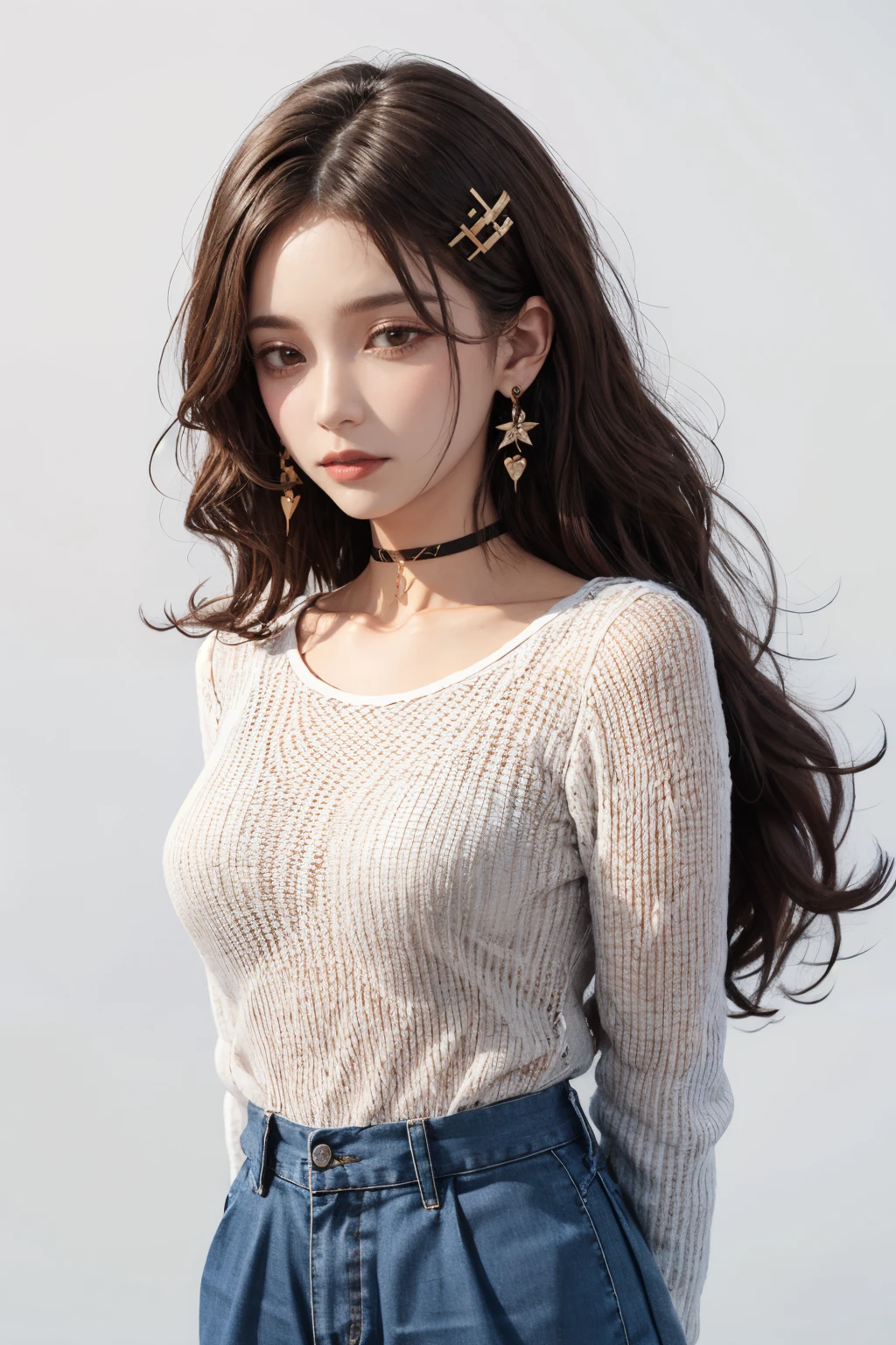 fishnet top, choker, long sleeves,pants, solo, white background, 1girl, hairclip, simple background, earrings, jewelry, wavy hair, long hair, looking at viewer, hair ornament,arms behind back<lora:fishnet_top:1>