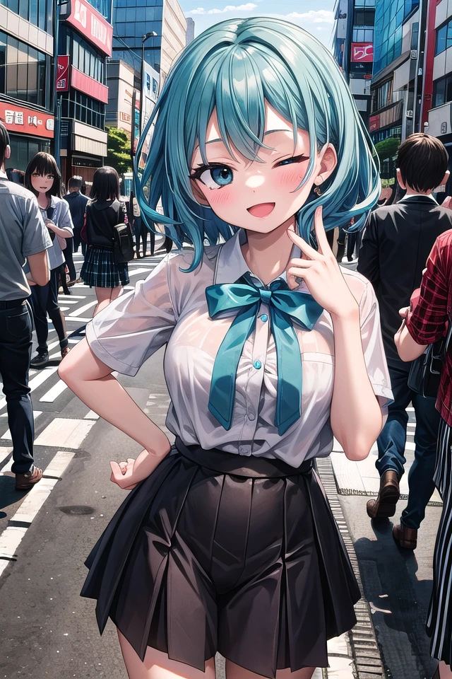 insanely detailed, absurdres, ultra-highres, ultra-detailed, best quality, 1 girl, solo, 16 years old, nice hands, perfect hands, BREAK, one eye closed, wink, (wearing school uniform), happy smile, laugh, open mouth, dynamic pose, cowboy shot, looking at viewer, BREAK, slender, kawaii, perfect symmetrical face, ultra cute girl, ultra cute face, ultra detailed eyes, ultra detailed hair, ultra cute, ultra beautiful, by Canon EOS, SIGMA Art Lens 35mm F1.4, ISO 200 Shutter Speed 2000, in harajuku, shibuya, tokyo, street, crowd, cityscape, medium large breasts, , BREAK, (turquoise blue medium hair, black eyes) <lora:leftwink_v110:1>
