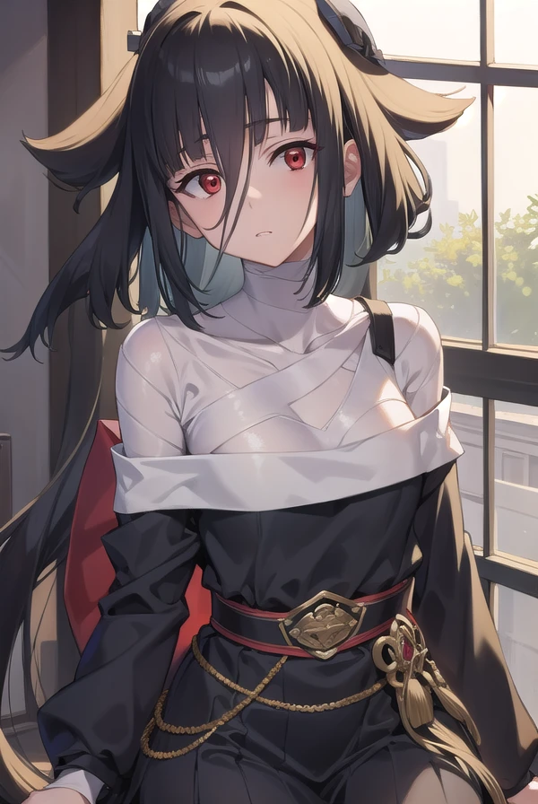 taeyamada, <lora:taeyamada-lora-nochekaiser:1>,
tae yamada, lack hair, hair between eyes, long hair, (red eyes:1.5), sidelocks, (small breast:1.2),
BREAK bandaged chest, bandaged head, bandages, black dress, dress, off shoulder,
BREAK looking at viewer, full body,
BREAK indoors, classroom,
BREAK <lyco:GoodHands-beta2:1>, (masterpiece:1.2), best quality, high resolution, unity 8k wallpaper, (illustration:0.8), (beautiful detailed eyes:1.6), extremely detailed face, perfect lighting, extremely detailed CG, (perfect hands, perfect anatomy),