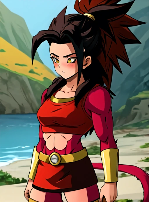 best quality, (masterpiece),(ultra-detailed), (high quality), (high resolution), ssj4, abs,  blush, (body fur:1.8), jewelry, long hair, monkey tail, muscular,  pectorals, (red fur:1.3),  solo, spiked hair,  tail,  <lora:ssj4:0.71>,,  yellow eyes, 1girl, breasts, black hair,  defKale,  <lora:kale-nvwls-v1:0.3>,defKale, ponytail, red crop top, bracer, red skirt, shorts under skirt