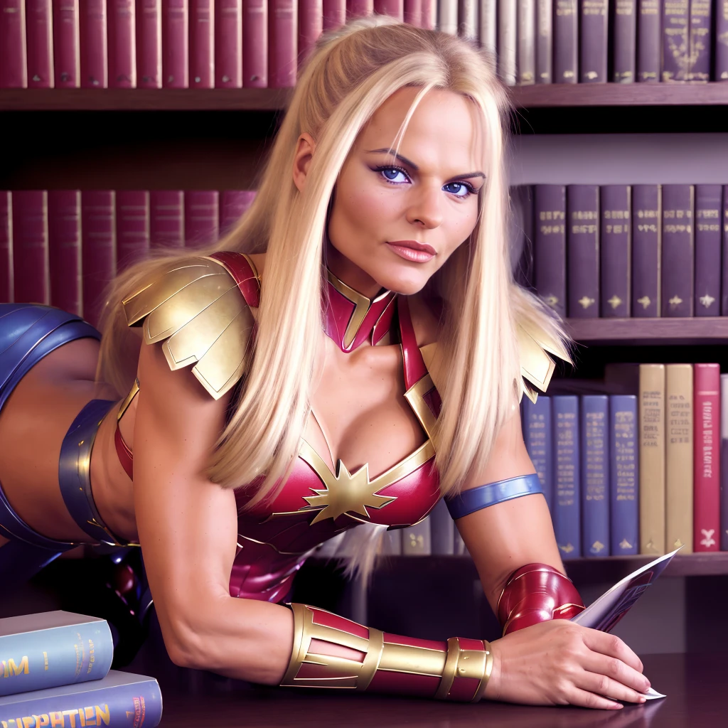 sfw, best quality,(very detailed face),(photorealistic),absurdres, <lora:quiron_KatjaKean_v3_lora:0.97> , realistic,  blonde hair,  katja kean,  sexy  KatjaKeanQuiron woman  wearing [cleopatra costume:  superheroine iceman costume: 0.5], Leaning on one leg pose, at library [cool: abandoned: 0.5], photo by Tina Barney