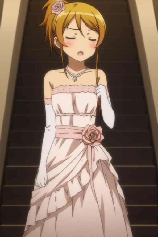 <lora:Oreimo_kousaka kirino:0.7> kousaka kirino, 
1girl, solo, long hair, blush, open mouth, blonde hair, brown hair, hair ornament, gloves, dress, bare shoulders, jewelry, closed eyes, ponytail, flower, elbow gloves, white gloves, hair flower, necklace, orange hair, alternate hairstyle, rose, strapless dress, stairs, wedding dress, hair up, 8k, masterpiece, absurdres, anime,