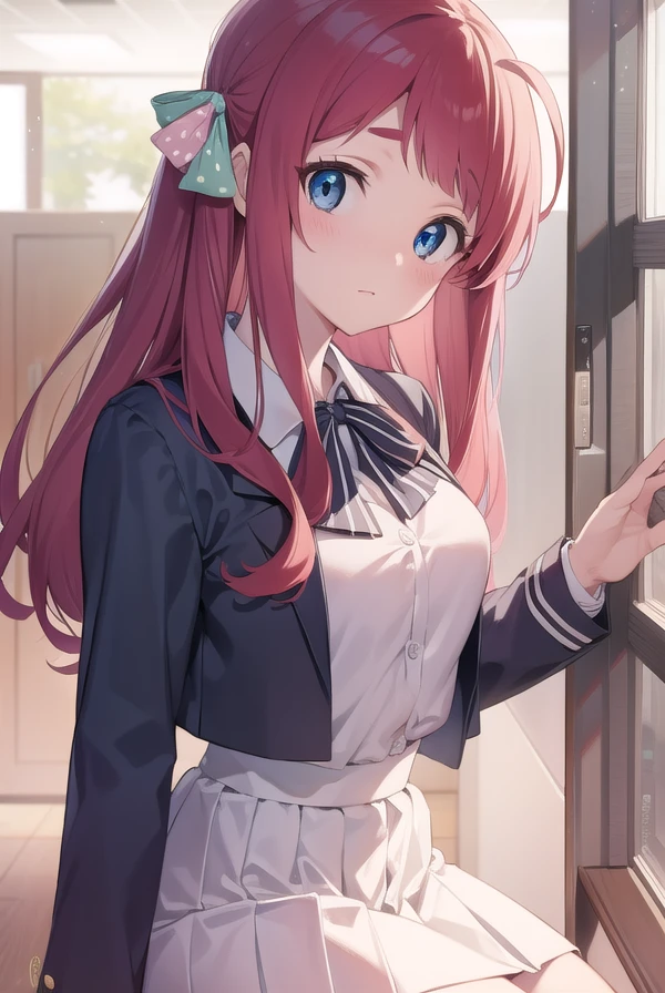 sakuraminamoto, <lora:sakuraminamoto-lora-nochekaiser:1>,
sakura minamoto, blue eyes, long hair, red hair, one side up, hair bow, green bow, red bow, ahoge, polka dot, polka dot bow, (small breast:1.2),
BREAK bowtie, long sleeves, school uniform, serafuku, skirt, white skirt,
BREAK looking at viewer, full body,
BREAK indoors, classroom,
BREAK <lyco:GoodHands-beta2:1>, (masterpiece:1.2), best quality, high resolution, unity 8k wallpaper, (illustration:0.8), (beautiful detailed eyes:1.6), extremely detailed face, perfect lighting, extremely detailed CG, (perfect hands, perfect anatomy),