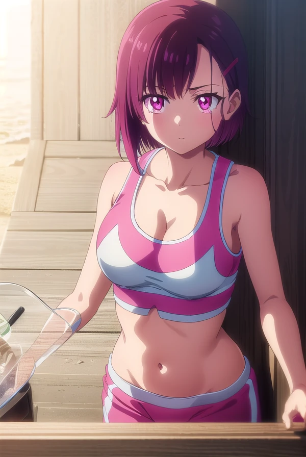 shizukamikazuki, <lora:shizukamikazukiv3-lora-nochekaiser:1>,
shizuka mikazuki, short hair, purple hair, hair ornament, hairclip, (pink eyes:1.5), swept bangs,
BREAK navel, sports bra, sportswear, shorts, pink shorts,
BREAK looking at viewer,
BREAK outdoors,
BREAK <lyco:GoodHands-beta2:1>, (masterpiece:1.2), best quality, high resolution, unity 8k wallpaper, (illustration:0.8), (beautiful detailed eyes:1.6), extremely detailed face, perfect lighting, extremely detailed CG, (perfect hands, perfect anatomy),