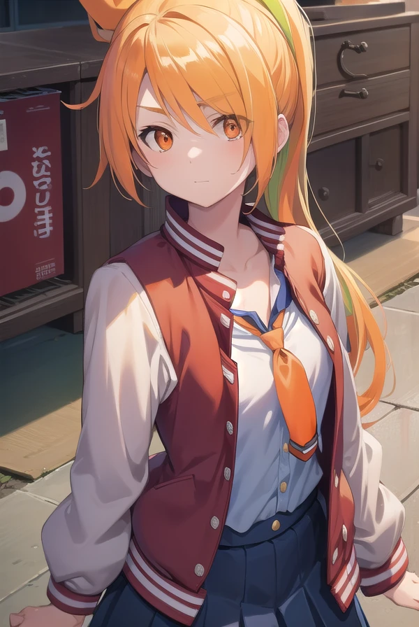 sakinikaidou, <lora:sakinikaidou-lora-nochekaiser:1>,
saki nikaidou, blonde hair, eyes visible through hair, hair over one eye, light green hair, long hair, multicolored hair, (orange eyes:1.5), orange hair, ponytail, streaked hair, (small breast:1.2),
BREAK blue skirt, jacket, (letterman jacket:1.5), necktie, orange necktie, skirt,
BREAK looking at viewer, full body,
BREAK indoors, classroom,
BREAK <lyco:GoodHands-beta2:1>, (masterpiece:1.2), best quality, high resolution, unity 8k wallpaper, (illustration:0.8), (beautiful detailed eyes:1.6), extremely detailed face, perfect lighting, extremely detailed CG, (perfect hands, perfect anatomy),