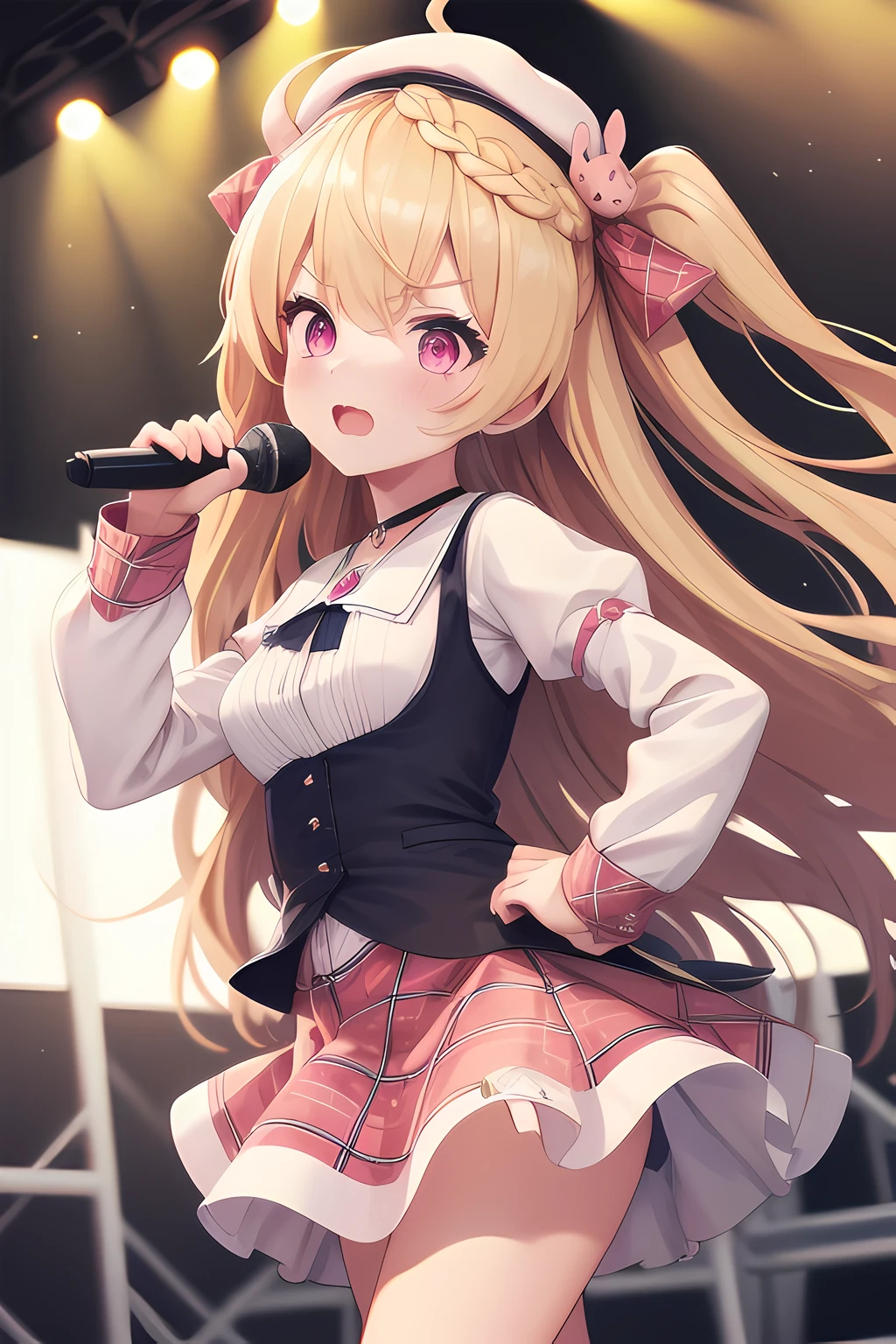 masterpiece, higher,highly detailed, absurdres,AzlaCrescent,1girl, solo,blonde long hair,ahoge,ribbon,braid,long sleeves,choker,white beret,pink skirt,plaid skirt,jewelry,black socks,jewelry,hair ornament,upper body, <lora:AzlaCrescent_v02nc_noreg:1>,stage lights, microphone, floating hair,