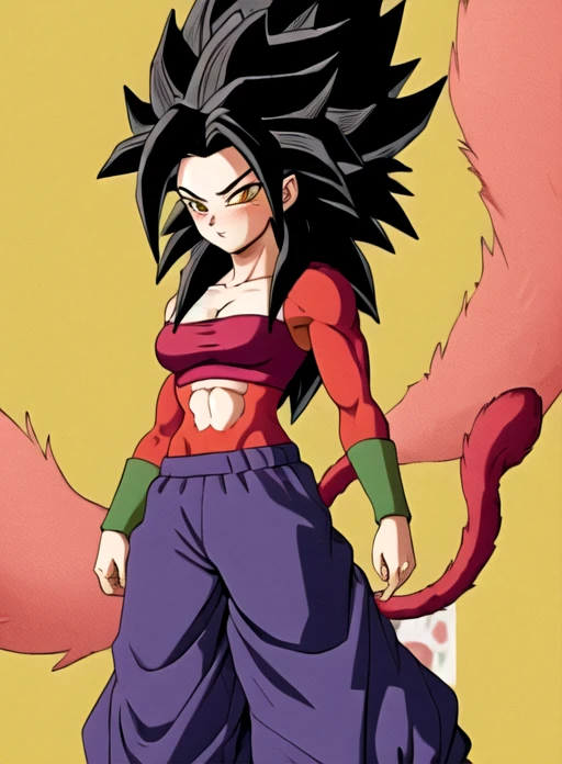 best quality, (masterpiece:1.5),(ultra-detailed), (high quality:1.3), (high resolution), ssj4, abs, blush, body fur, jewelry, long hair, monkey tail, muscular, pectorals, red fur, solo, spiked hair, tail, <lora:ssj4:0.6>, Caulifla_DB, baggy pants,<lora:Caulifla_DB_Anime:0.5>, yellow eyes, 1girl, breasts, black hair,