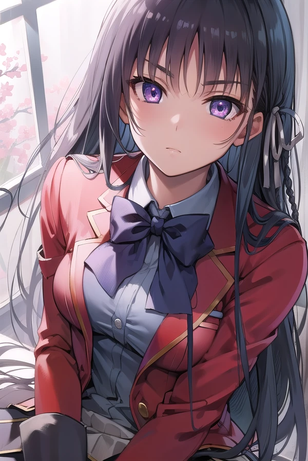 suzunehorikita, <lora:suzunehorikita-lora-nochekaiser:1>,
suzune horikita, black hair, braid, long hair, (purple eyes:1.1),
BREAK advanced nurturing high school uniform, black thighhighs, blazer, bow, bowtie, buttons, jacket, long sleeves, pleated skirt, school uniform, thighhighs, white skirt, zettai ryouiki, (red blazer:1.5),
BREAK looking at viewer, full body,
BREAK indoors, classroom,
BREAK <lyco:GoodHands-beta2:1>, (masterpiece:1.2), best quality, high resolution, unity 8k wallpaper, (illustration:0.8), (beautiful detailed eyes:1.6), extremely detailed face, perfect lighting, extremely detailed CG, (perfect hands, perfect anatomy),