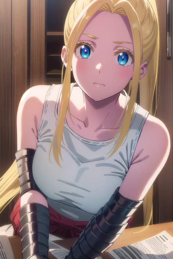 beatrixamerhauser, <lora:beatrixamerhauserv3-lora-nochekaiser:1>,
beatrix amerhauser, long hair, blue eyes, blonde hair, gloves, ponytail, (medium breast:1.2),
BREAK gloves, fingerless gloves, armor, japanese armor, tank top, white tank top,
BREAK looking at viewer,
BREAK outdoors,
BREAK <lyco:GoodHands-beta2:1>, (masterpiece:1.2), best quality, high resolution, unity 8k wallpaper, (illustration:0.8), (beautiful detailed eyes:1.6), extremely detailed face, perfect lighting, extremely detailed CG, (perfect hands, perfect anatomy),