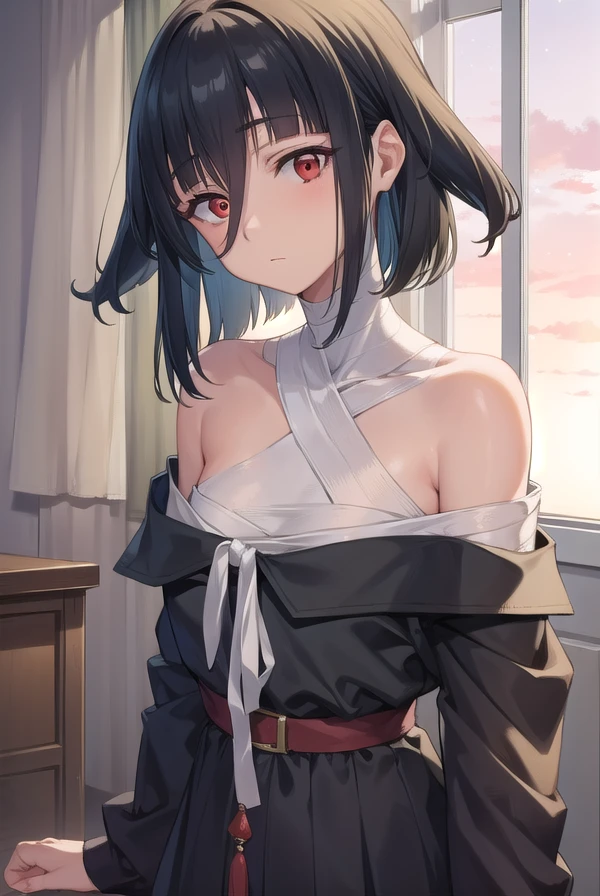 masterpiece, Highest quality, watercolor (Moderate), 1 person, chest,Erect nipples, alone, short hair, Split, Red and black hair, Iris, Earrings, bangs, jewelry, skirt, Exposing shoulders, No sleeve, Hair between the eyes, 单Shoulder rest, Looking at the audience, large chest, armor, shoulder armor, No sleeve skirt, Upper Body, One Sleeve, white skirt, Shoulder rest,