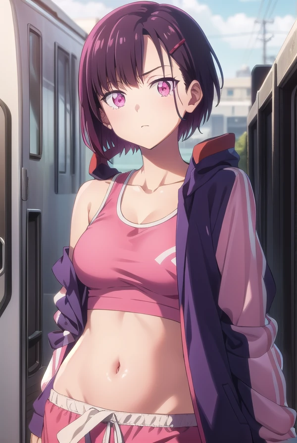 shizukamikazuki, <lora:shizukamikazukiv2-lora-nochekaiser:1>,
shizuka mikazuki, short hair, purple hair, hair ornament, hairclip, (pink eyes:1.5), swept bangs,
BREAK navel, sports bra, sportswear, shorts, pink shorts,
BREAK looking at viewer,
BREAK outdoors,
BREAK <lyco:GoodHands-beta2:1>, (masterpiece:1.2), best quality, high resolution, unity 8k wallpaper, (illustration:0.8), (beautiful detailed eyes:1.6), extremely detailed face, perfect lighting, extremely detailed CG, (perfect hands, perfect anatomy),