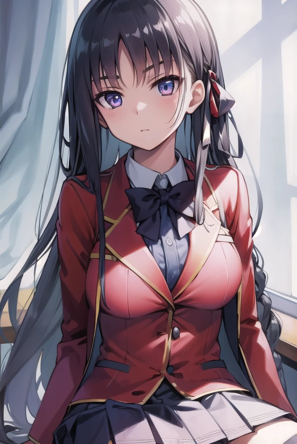 suzunehorikita, <lora:suzunehorikita-lora-nochekaiser:1>,
suzune horikita, black hair, braid, long hair, (purple eyes:1.1),
BREAK advanced nurturing high school uniform, black thighhighs, blazer, bow, bowtie, buttons, jacket, long sleeves, pleated skirt, school uniform, thighhighs, white skirt, zettai ryouiki, (red blazer:1.5),
BREAK looking at viewer, full body,
BREAK indoors, classroom,
BREAK <lyco:GoodHands-beta2:1>, (masterpiece:1.2), best quality, high resolution, unity 8k wallpaper, (illustration:0.8), (beautiful detailed eyes:1.6), extremely detailed face, perfect lighting, extremely detailed CG, (perfect hands, perfect anatomy),