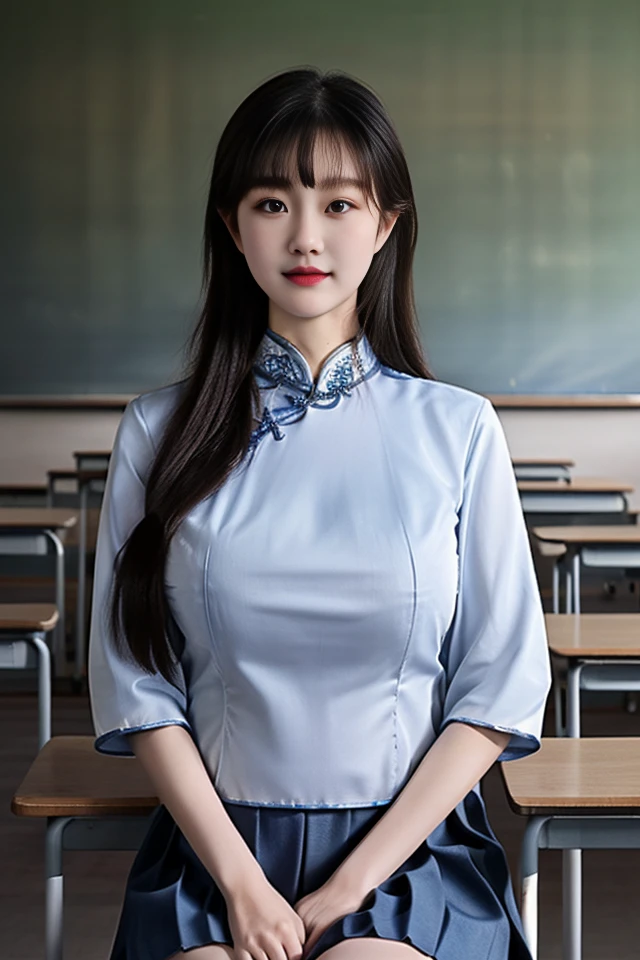 best quality, masterpiece,real,realistic, photo,photorealistic,looking at viewer,
1girl, xiaofu,school uniform, chinese clothes, cheongsam,shirt,pleated skirt,sleeves past elbows,
indoors, classroom,sitting,
long hair,straight hair, blunt bangs, huge breasts, covered nipples,
<lora:xiaofu_v3_02:0.8> <lora:koreandolllikenessV20_v20:0.4>
