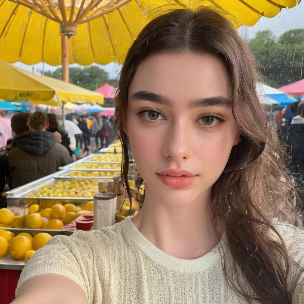 dasha_taran, <lora:DashaTaranXL:1>, instagram selfie, woman standing in the pouring rain, at a lemonade stand on a carnival, wet hair, wet t-shirt, outdoor, ((perfect eyes, detailed eyes,realistic eyes)), (masterpiece, best quality, ultra-detailed, best shadow), high contrast, (best illumination), ((cinematic light)), colorful, hyper detail, dramatic light, intricate details, (1 girl, solo) , ultra detailed artistic photography, dreamy, backlit, shadows, ultra high definition, 8k, ultra sharp focus, ultra high quality model, soft lighting, film photography, analogue photography, hyperrealism,, ((sharp face, detailed face, realistic face, naturtal skin, realistic skin, detailed skin, pores))