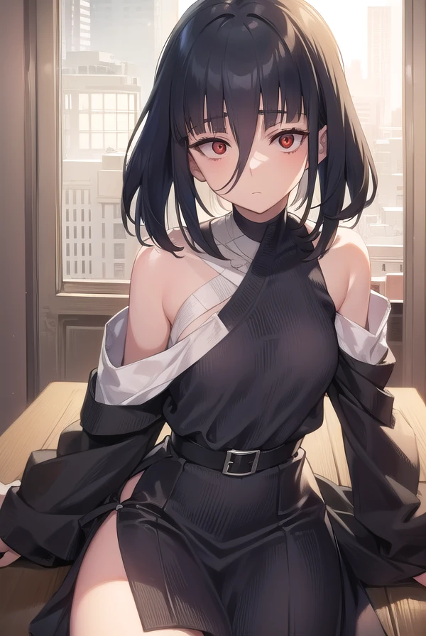 NSFW Standing pose Anime drawing with vivid colors Tall woman:1.9 Black and red idol-style sexy cosplay costume miniskirt Fluttering multiple frill skirt Troubled face Glaring Frowns Tears Blushed cheeks Night:1.3 Apartment bedroom, white sheets, short black hair, ponytail:1.9 Straight hair, bangs swept to the side:1.9. Slanted eyes, brown eyes, tall, big breasts, strong-willed, beautiful