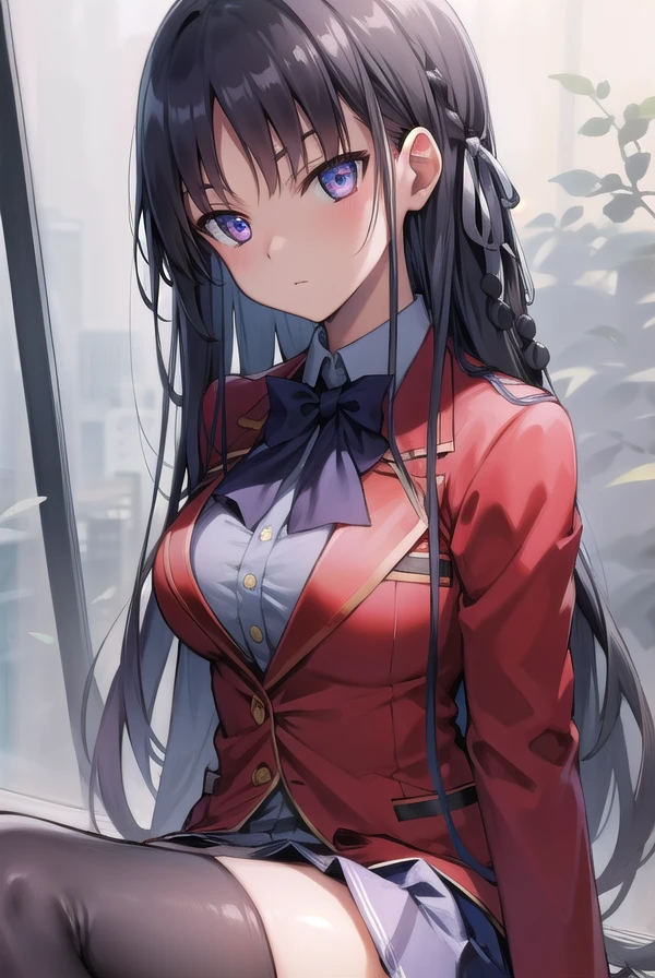 suzunehorikita, <lora:suzunehorikita-lora-nochekaiser:1>,
suzune horikita, black hair, braid, long hair, (purple eyes:1.1),
BREAK advanced nurturing high school uniform, black thighhighs, blazer, bow, bowtie, buttons, jacket, long sleeves, pleated skirt, school uniform, thighhighs, white skirt, zettai ryouiki, (red blazer:1.5),
BREAK looking at viewer, full body,
BREAK indoors, classroom,
BREAK <lyco:GoodHands-beta2:1>, (masterpiece:1.2), best quality, high resolution, unity 8k wallpaper, (illustration:0.8), (beautiful detailed eyes:1.6), extremely detailed face, perfect lighting, extremely detailed CG, (perfect hands, perfect anatomy),