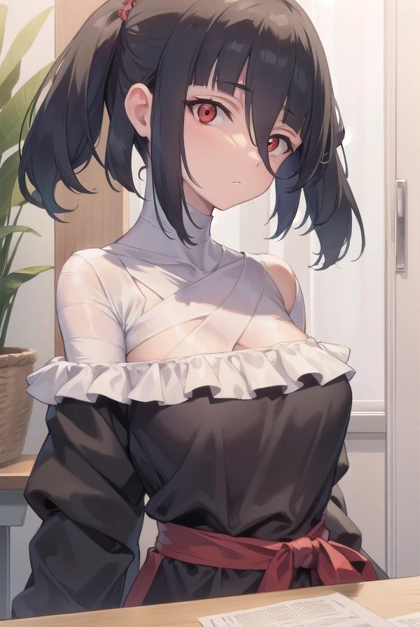 taeyamada, <lora:taeyamada-lora-nochekaiser:1>,
tae yamada, lack hair, hair between eyes, long hair, (red eyes:1.5), sidelocks, (small breast:1.2),
BREAK bandaged chest, bandaged head, bandages, black dress, dress, off shoulder,
BREAK looking at viewer, full body,
BREAK indoors, classroom,
BREAK <lyco:GoodHands-beta2:1>, (masterpiece:1.2), best quality, high resolution, unity 8k wallpaper, (illustration:0.8), (beautiful detailed eyes:1.6), extremely detailed face, perfect lighting, extremely detailed CG, (perfect hands, perfect anatomy),