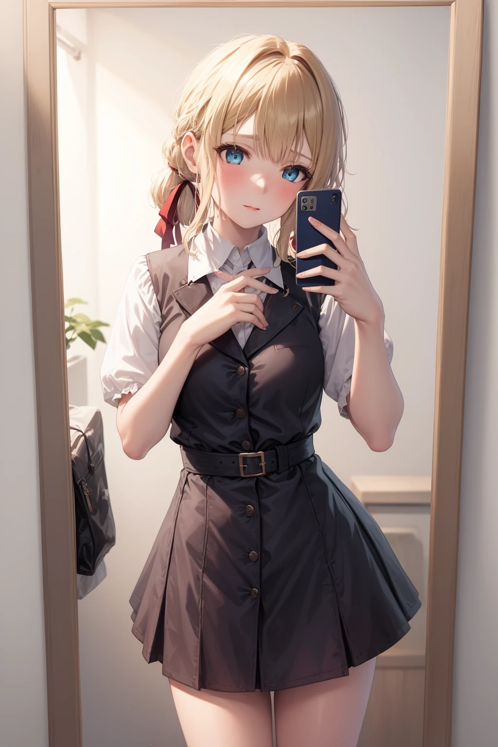 <lora:pose selfie mirror-000008:1> ,1girl, mirror, selfie, holding phone, school uniform, <lora:lite-1:1> ,blonde hair, hair ribbon, blue eyes,
