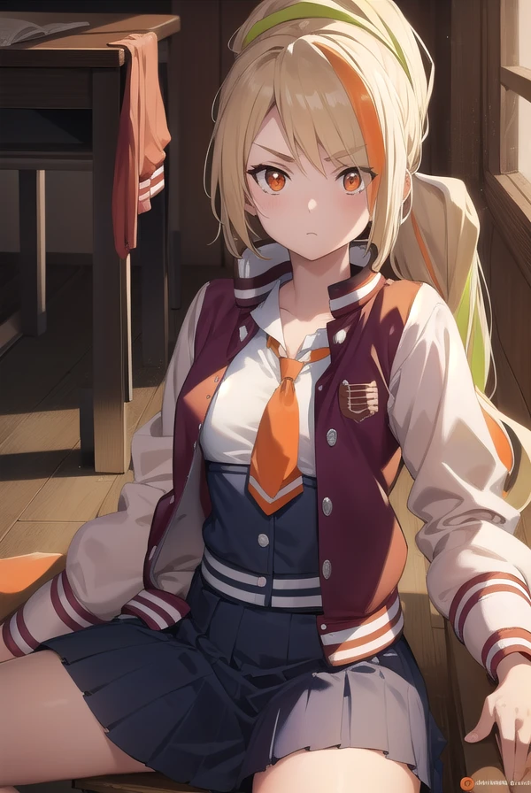 sakinikaidou, <lora:sakinikaidou-lora-nochekaiser:1>,
saki nikaidou, blonde hair, eyes visible through hair, hair over one eye, light green hair, long hair, multicolored hair, (orange eyes:1.5), orange hair, ponytail, streaked hair, (small breast:1.2),
BREAK blue skirt, jacket, (letterman jacket:1.5), necktie, orange necktie, skirt,
BREAK looking at viewer, full body,
BREAK indoors, classroom,
BREAK <lyco:GoodHands-beta2:1>, (masterpiece:1.2), best quality, high resolution, unity 8k wallpaper, (illustration:0.8), (beautiful detailed eyes:1.6), extremely detailed face, perfect lighting, extremely detailed CG, (perfect hands, perfect anatomy),