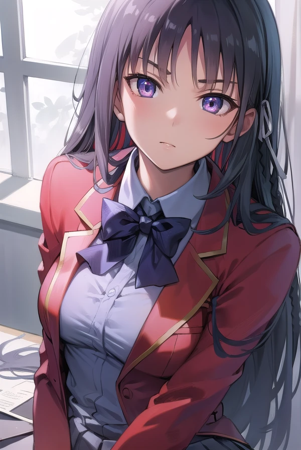 suzunehorikita, <lora:suzunehorikita-lora-nochekaiser:1>,
suzune horikita, black hair, braid, long hair, (purple eyes:1.1),
BREAK advanced nurturing high school uniform, black thighhighs, blazer, bow, bowtie, buttons, jacket, long sleeves, pleated skirt, school uniform, thighhighs, white skirt, zettai ryouiki, (red blazer:1.5),
BREAK looking at viewer, full body,
BREAK indoors, classroom,
BREAK <lyco:GoodHands-beta2:1>, (masterpiece:1.2), best quality, high resolution, unity 8k wallpaper, (illustration:0.8), (beautiful detailed eyes:1.6), extremely detailed face, perfect lighting, extremely detailed CG, (perfect hands, perfect anatomy),