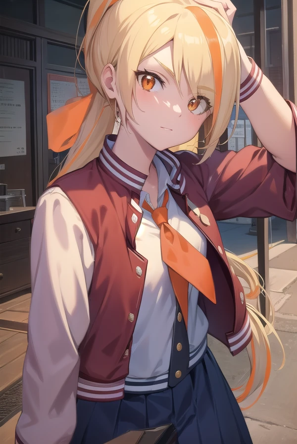 sakinikaidou, <lora:sakinikaidou-lora-nochekaiser:1>,
saki nikaidou, blonde hair, eyes visible through hair, hair over one eye, light green hair, long hair, multicolored hair, (orange eyes:1.5), orange hair, ponytail, streaked hair, (small breast:1.2),
BREAK blue skirt, jacket, (letterman jacket:1.5), necktie, orange necktie, skirt,
BREAK looking at viewer, full body,
BREAK indoors, classroom,
BREAK <lyco:GoodHands-beta2:1>, (masterpiece:1.2), best quality, high resolution, unity 8k wallpaper, (illustration:0.8), (beautiful detailed eyes:1.6), extremely detailed face, perfect lighting, extremely detailed CG, (perfect hands, perfect anatomy),