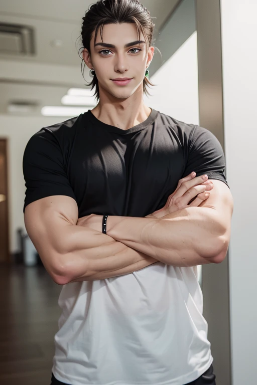 eren_yeager,  green eyes, looking at viewer, smile,  shirt, black hair,  upper body, short sleeves, male focus, earrings, street, black shirt, muscular, crossed arms, t-shirt, veins,  <lora:eren_yeager-38:0.7>