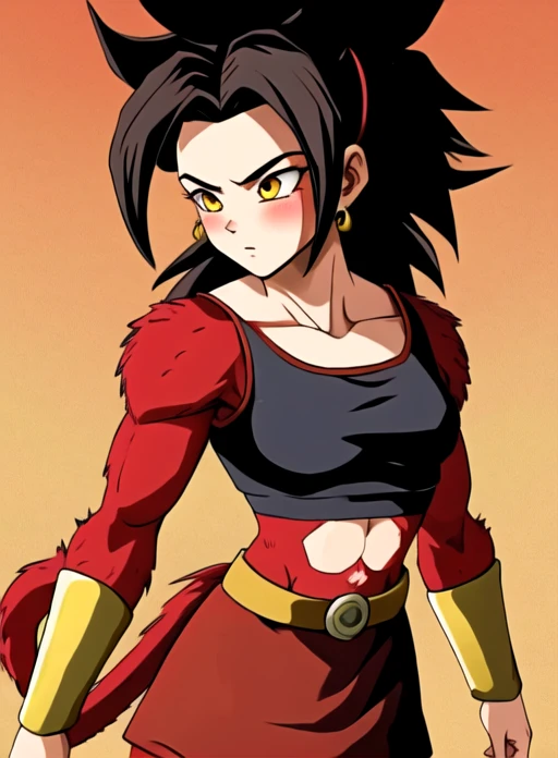 best quality, (masterpiece),(ultra-detailed), (high quality), (high resolution), ssj4, abs,  blush, (body fur:1.8), jewelry, long hair, monkey tail, muscular,  pectorals, (red fur:1.3),  solo, spiked hair,  tail,  <lora:ssj4:0.71>,,  yellow eyes, 1girl, breasts, black hair,  defKale,  <lora:kale-nvwls-v1:0.3>,defKale, ponytail, red crop top, bracer, red skirt, shorts under skirt