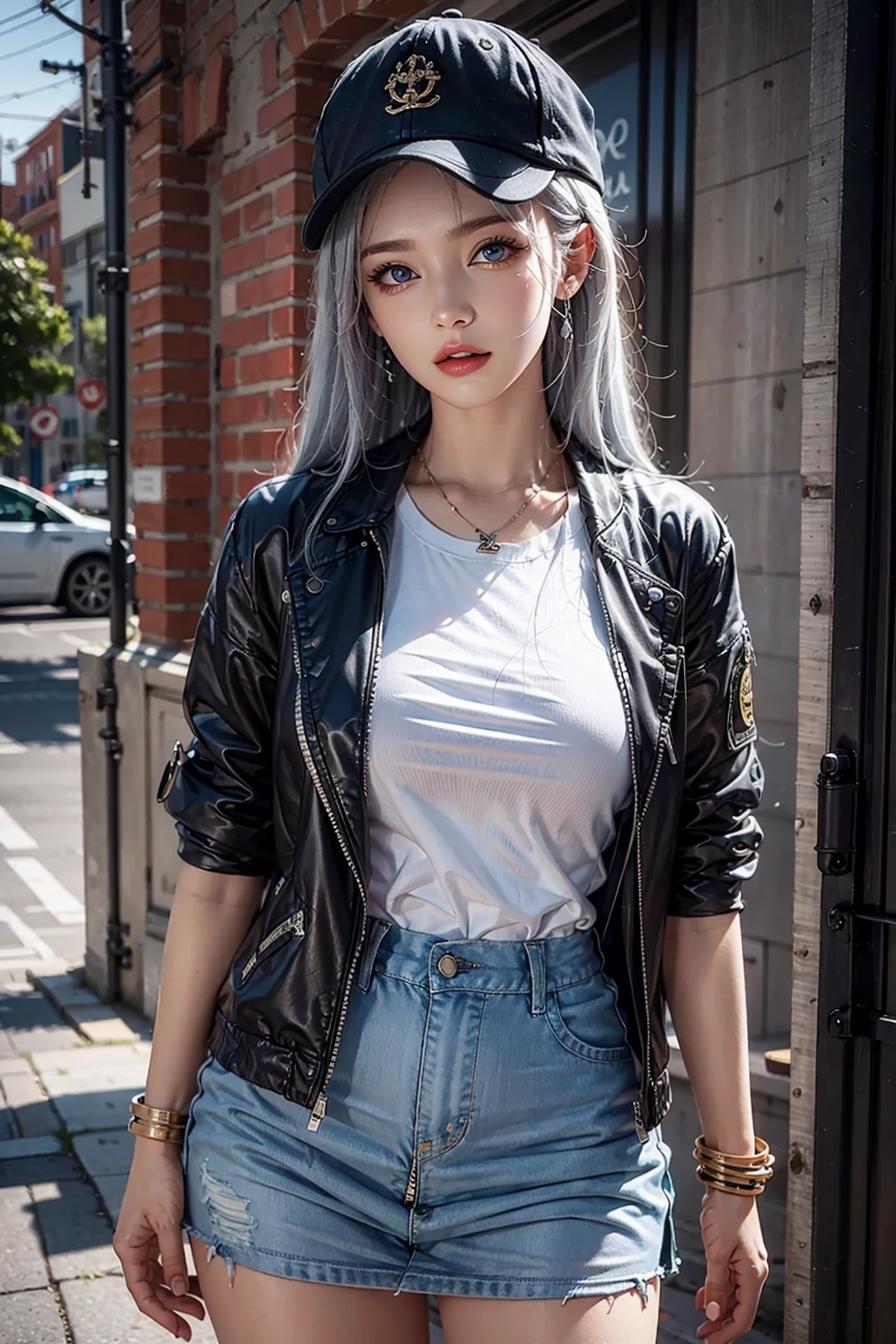 photorealistic,  high resolution,  1women,  solo,  jewelry,  tattoo,  hips up,  silver hair,  blue eyes,  street wear,  t-shirt dress,  cap,  jacket, <lora:EMS-44295-EMS:0.600000>