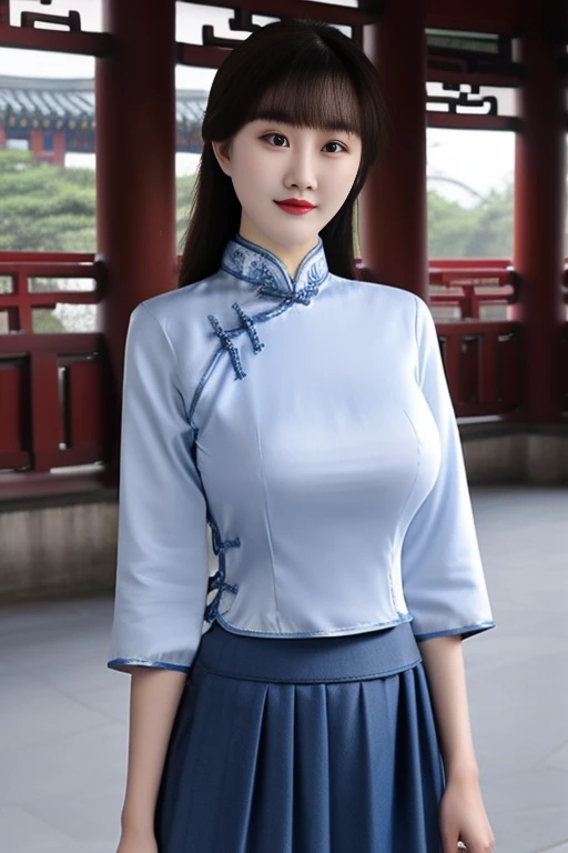best quality, masterpiece,real,realistic, photo,photorealistic,looking at viewer,upper body,
1girl, xiaofu,school uniform, chinese clothes, cheongsam,shirt,pleated skirt,sleeves past elbows ,
outdoors, city,chinese town,east asian architecture,street,
long hair,straight hair, blunt bangs, huge breasts, covered nipples,
<lora:xiaofu_v3_02:0.8> <lora:DA_Beauty:0.6>