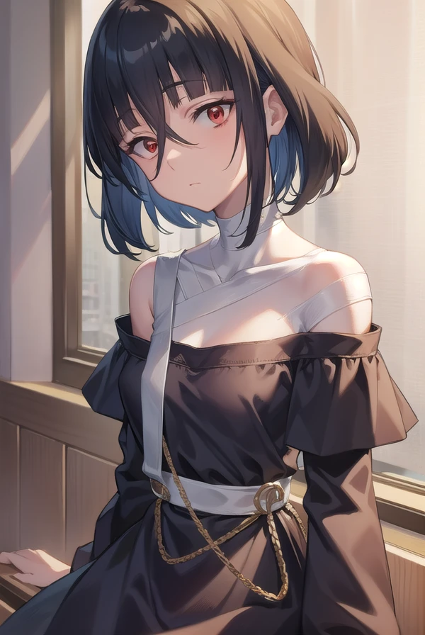 taeyamada, <lora:taeyamada-lora-nochekaiser:1>,
tae yamada, lack hair, hair between eyes, long hair, (red eyes:1.5), sidelocks, (small breast:1.2),
BREAK bandaged chest, bandaged head, bandages, black dress, dress, off shoulder,
BREAK looking at viewer, full body,
BREAK indoors, classroom,
BREAK <lyco:GoodHands-beta2:1>, (masterpiece:1.2), best quality, high resolution, unity 8k wallpaper, (illustration:0.8), (beautiful detailed eyes:1.6), extremely detailed face, perfect lighting, extremely detailed CG, (perfect hands, perfect anatomy),