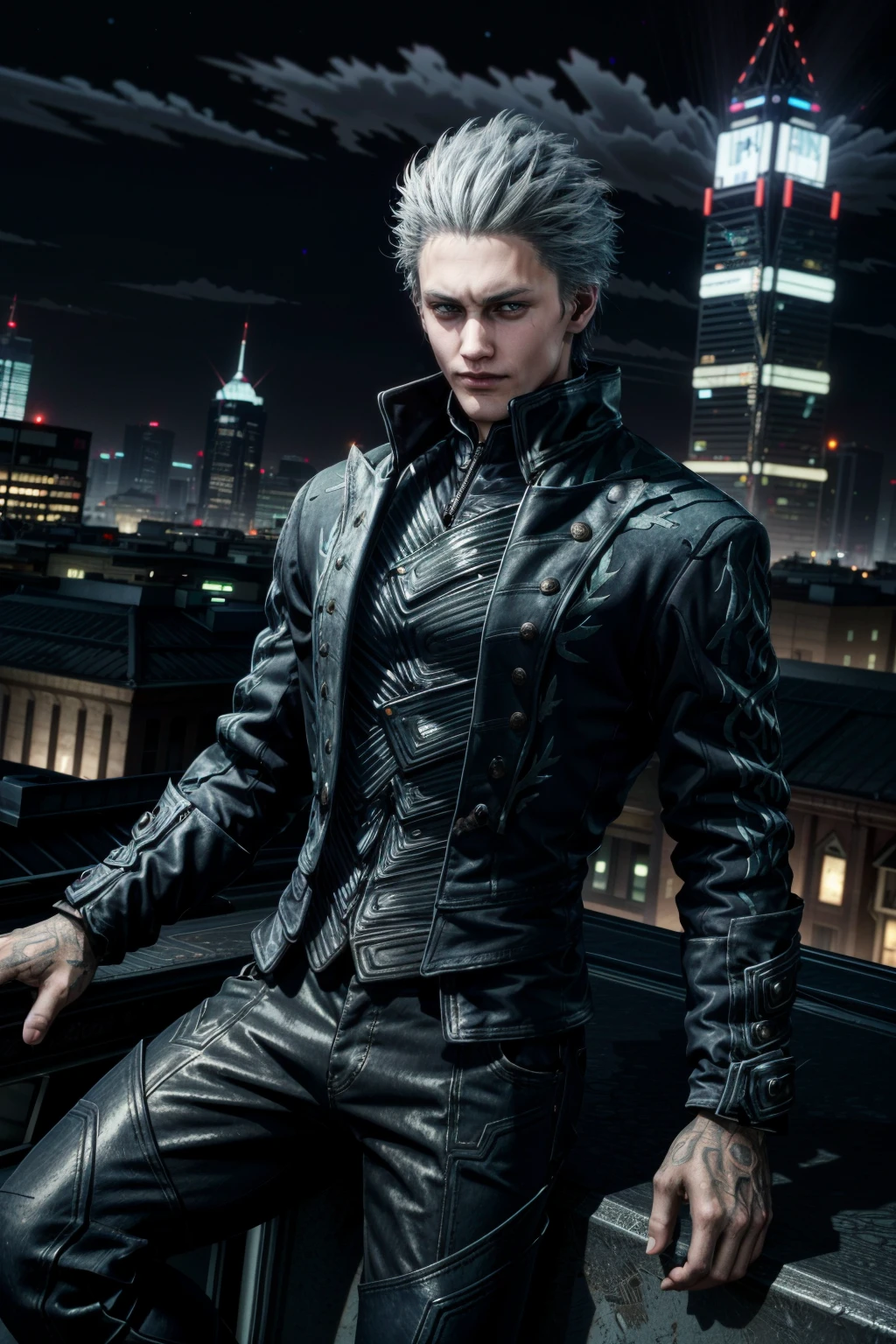 (masterpiece, best quality) <lora:epi_noiseoffset2:1> <lora:add_detail:0.7> <lora:VergilDMC:0.8>
VergilDMC, 1boy, cityscape, at night, on top of a skyscraper, elegant bodysuit,