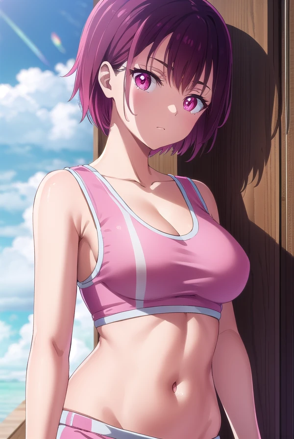 shizukamikazuki, <lora:shizukamikazukiv3-lora-nochekaiser:1>,
shizuka mikazuki, short hair, purple hair, hair ornament, hairclip, (pink eyes:1.5), swept bangs,
BREAK navel, sports bra, sportswear, shorts, pink shorts,
BREAK looking at viewer,
BREAK outdoors,
BREAK <lyco:GoodHands-beta2:1>, (masterpiece:1.2), best quality, high resolution, unity 8k wallpaper, (illustration:0.8), (beautiful detailed eyes:1.6), extremely detailed face, perfect lighting, extremely detailed CG, (perfect hands, perfect anatomy),