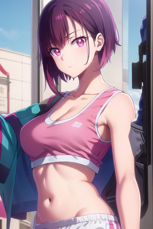 shizukamikazuki, <lora:shizukamikazukiv2-lora-nochekaiser:1>,
shizuka mikazuki, short hair, purple hair, hair ornament, hairclip, (pink eyes:1.5), swept bangs,
BREAK navel, sports bra, sportswear, shorts, pink shorts,
BREAK looking at viewer,
BREAK outdoors,
BREAK <lyco:GoodHands-beta2:1>, (masterpiece:1.2), best quality, high resolution, unity 8k wallpaper, (illustration:0.8), (beautiful detailed eyes:1.6), extremely detailed face, perfect lighting, extremely detailed CG, (perfect hands, perfect anatomy),