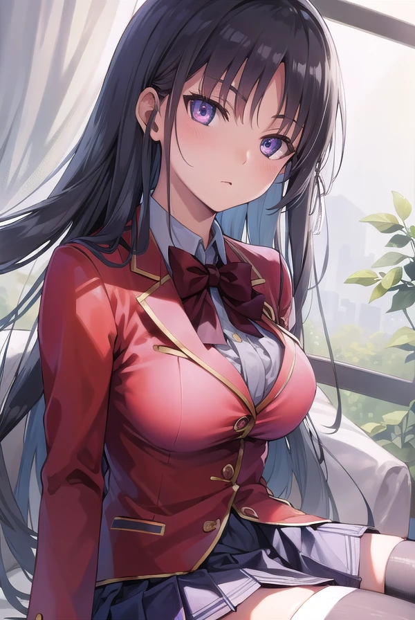 suzunehorikita, <lora:suzunehorikita-lora-nochekaiser:1>,
suzune horikita, black hair, braid, long hair, (purple eyes:1.1),
BREAK advanced nurturing high school uniform, black thighhighs, blazer, bow, bowtie, buttons, jacket, long sleeves, pleated skirt, school uniform, thighhighs, white skirt, zettai ryouiki, (red blazer:1.5),
BREAK looking at viewer, full body,
BREAK indoors, classroom,
BREAK <lyco:GoodHands-beta2:1>, (masterpiece:1.2), best quality, high resolution, unity 8k wallpaper, (illustration:0.8), (beautiful detailed eyes:1.6), extremely detailed face, perfect lighting, extremely detailed CG, (perfect hands, perfect anatomy),