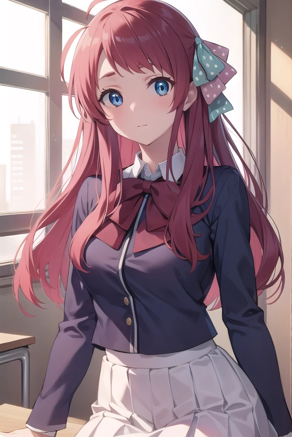 sakuraminamoto, <lora:sakuraminamoto-lora-nochekaiser:1>,
sakura minamoto, blue eyes, long hair, red hair, one side up, hair bow, green bow, red bow, ahoge, polka dot, polka dot bow, (small breast:1.2),
BREAK bowtie, long sleeves, school uniform, serafuku, skirt, white skirt,
BREAK looking at viewer, full body,
BREAK indoors, classroom,
BREAK <lyco:GoodHands-beta2:1>, (masterpiece:1.2), best quality, high resolution, unity 8k wallpaper, (illustration:0.8), (beautiful detailed eyes:1.6), extremely detailed face, perfect lighting, extremely detailed CG, (perfect hands, perfect anatomy),